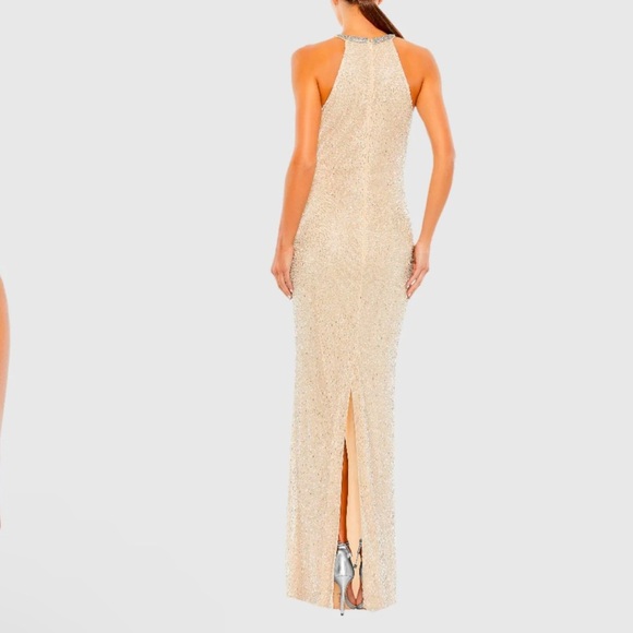 NWT Mac Duggal Beige Beaded Sleeveless High Neck Column Gown 12 - Picture 9 of 9